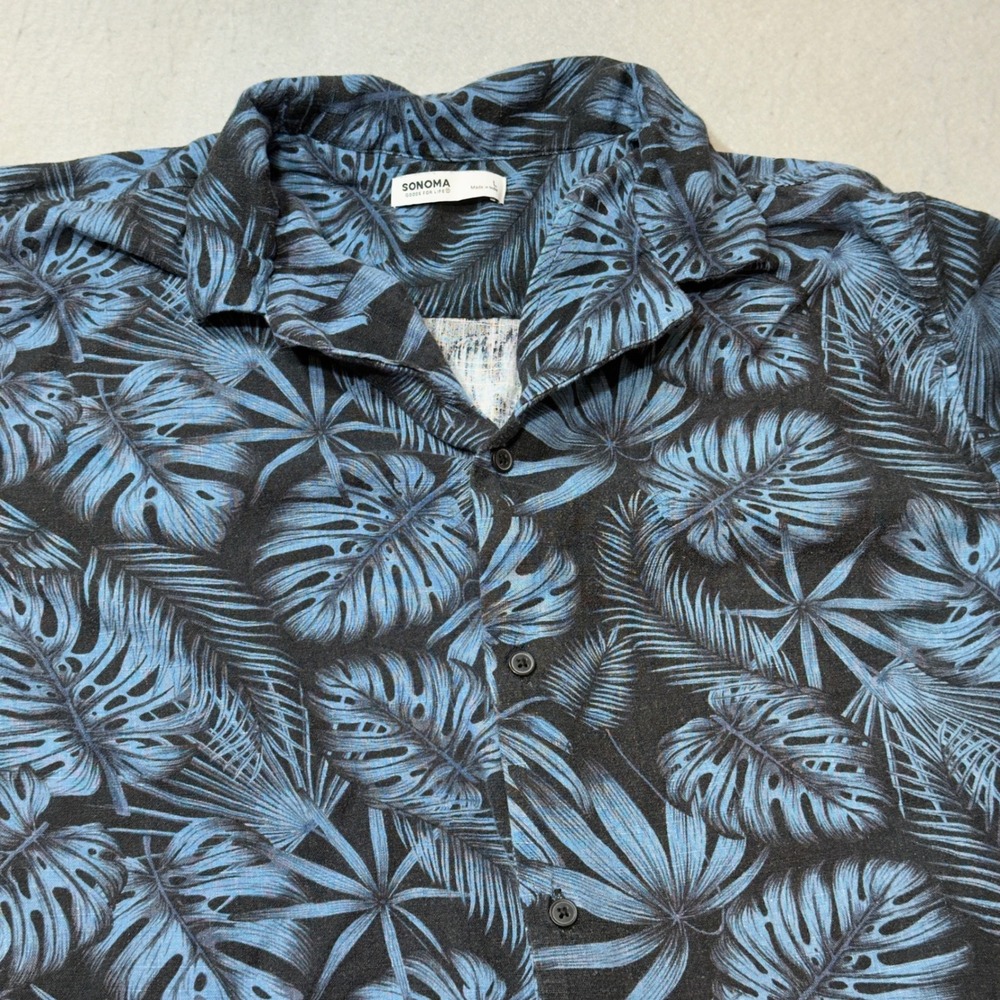Sonoma Button Down Shirt‎ Mens Large Blue Tropical Palm Linen Blend Excellent